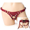 O-ring compatible double strap harness made of Cherry Red leather with gorgeous corset style back piece with adjustable lace closure.