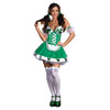 Shiny knit dress with faux lace-up detail, sequin clover appliqué on bust and along hem. Includes puff sleeves with satin bow detail and satin lace trim apron. the 4 piece set is available in S, M, L,