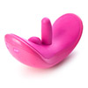 Pink dual action vibrator made of plastic and TPR for clitoral stimulation with built in control pad.