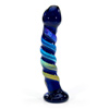 Colorful glass dildo with a curved g-spot shaft and a flared base designed to stand up