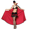 The set includes hat, collared satin cape, ruffled choker, underwire bra top, velvet ruched skirt with attached jeweled bow garters.