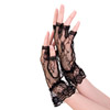Mesh floral-lace fingerless gloves with gathered ruffle wrist.