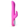 Pink silicone dual action vibrator with 7 functions of powerful vibration, pulsation and escalation and 3 speeds of shaft rotation.