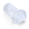 Tight and stretchy TPR masturbation sleeve with curved and noduled inner suction chambers.