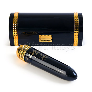 Mini-rocket vibe with skull motif design, powerful 3-speeds that comes with satin lined treasure chest storage box with gem designed handle and accents on box.
