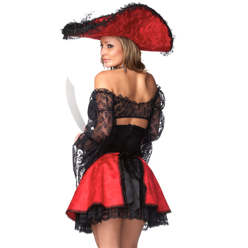 Sexy brocade and lace pirate wench costume with zipper closure, hat and sword