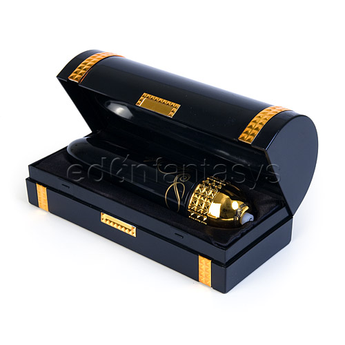 Mini-rocket vibe with skull motif design, powerful 3-speeds that comes with satin lined treasure chest storage box with gem designed handle and accents on box.