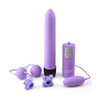 Enjoy a powerful multispeed vibrator, a vibrating egg and two cock rings for stronger erection along with the velvety vibro balls.