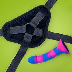 Soft touch harness and 6 3/4" silicone dildo set