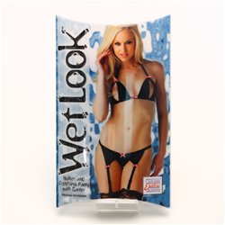 Wet Look halter and crotchless panty with garter