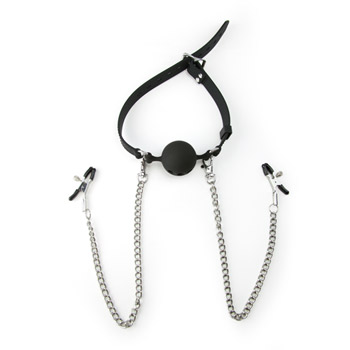 Silicone ball gag with nipple clamps - Breathable mouth gag