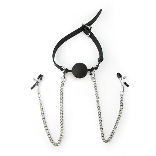 Silicone ball gag with nipple clamps - headgear