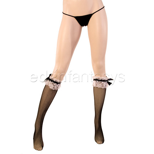 Fishnet knee highs with ruffle and bow - hosiery