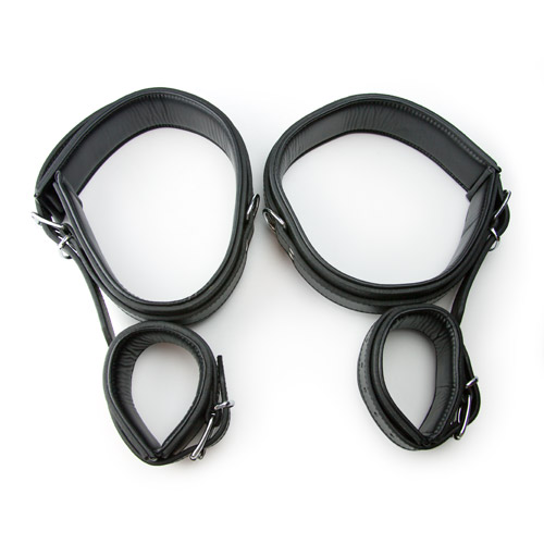 Heavy duty leather wrist to thigh restraints - sex toy
